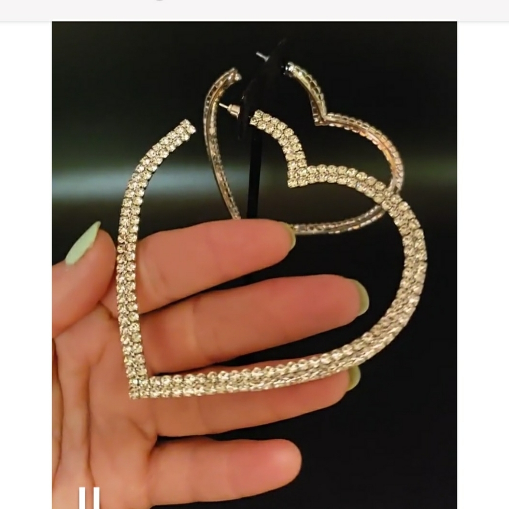 Silver Hoop Rhinestone Heart Earrings Silver Tone 925 Post - Picture 8 of 11